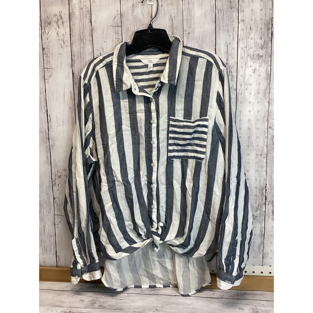 Time and Tru Blue and White Striped Long Sleeve Button Down Top